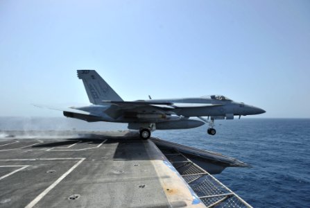 US Navy 110328-N-0569K-105 An F-A-18E Super Hornet assigned to the Knighthawks of Strike Fighter Squadron (VFA) 136 launches from the aircraft carr