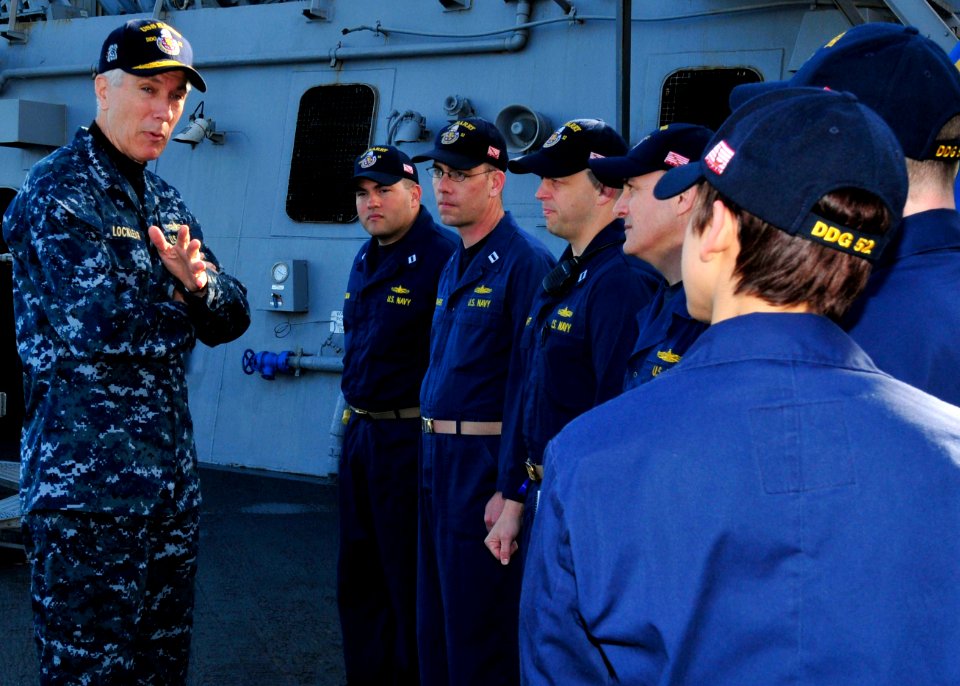 US Navy 110331-N-XO436-032 Adm. Samuel J. Locklear, III talks to Sailors about their efforts in support of Operation Odyssey Dawn aboard USS Barry