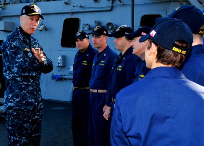 US Navy 110331-N-XO436-032 Adm. Samuel J. Locklear, III talks to Sailors about their efforts in support of Operation Odyssey Dawn aboard USS Barry