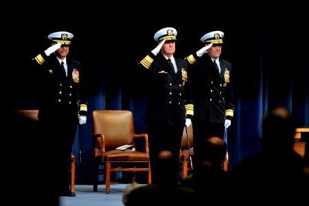 US Navy 110330-N-ZB612-021 Rear Adm. James P. Wisecup, left, Chief of Naval Operations (CNO) Adm. Gary Roughead and Rear Adm. John Christenson, ren photo