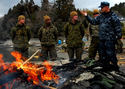 US Navy 110404-N-8607R-081 Rear Adm. Jeffrey S. Jones speaks with Marines of the 31st Marine Expeditionary Unit (31st MEU) about ongoing disaster r
