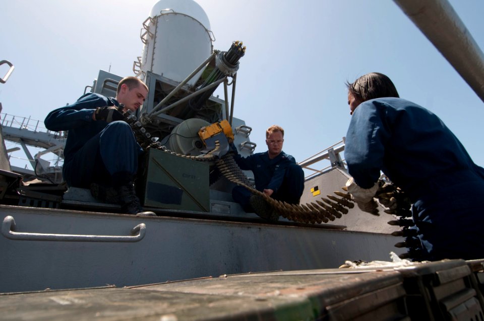 US Navy 110403-N-RC734-058 Sailors unload ammunition from the Phalanx Close-In Weapons System (CIWS) aboard the amphibious dock landing ship USS Co
