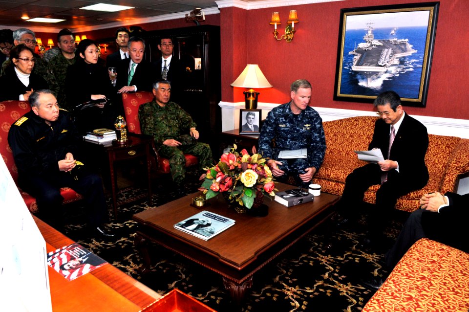 US Navy 110404-N-1004S-219 Japan Defense Minister Toshimi Kitazawa, right, and Adm. Patrick Walsh, commander of Joint Support Force, meet in the co