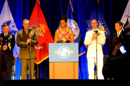 US Navy 110407-N-4930E-178 First Lady Michelle Obama is met with applause before addressing those in attendance at the Military Child of the Year A