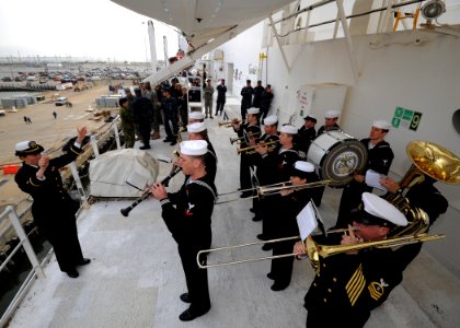 US Navy 110408-N-NY820-153 Sailors assigned to the U.S. Fleet Forces Band perform Anchors Aweigh as the Military Sealift Command hospital ship USNS photo