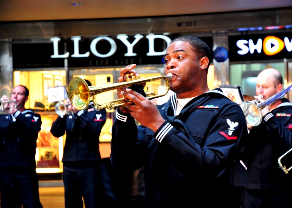 US Navy 110407-N-RO948-065 Musician 3rd Class Michael Bookman Jr. performs with the U.S. 7th Fleet Band at the Changwon City Mall