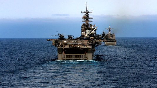 US Navy 110409-N-OS574-121 USS Bataan (LHD 5) and other ships assigned to the Bataan Amphibious Ready Group operate during a simulated straights tr