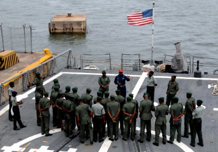 US Navy 110412-N-HI707-545 Cmdr. Darryl Brown and Brig. Gen. Muhammad Inuwa Idris speak to Nigerian army officers during a tour of the ship