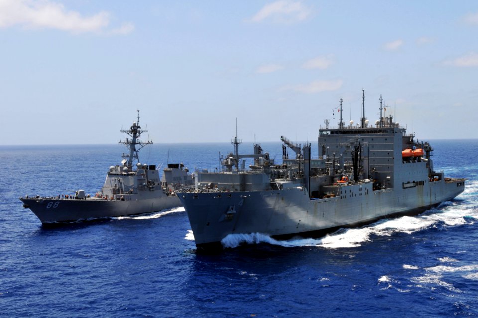 US Navy 110409-N-1004S-723 USS Preble (DDG 88) and USNS Richard E. Byrd (T-AKE 4) break away from USS Ronald Reagan (CVN 76) after an underway repl