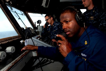 US Navy 110412-N-QP268-037 Sailors prepare for flight deck operations aboard the amphibious dock landing ship USS Whidbey Island (LSD 41)
