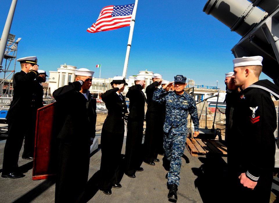 US Navy 110411-N-AQ172-006 Vice Adm. Harry B. Harris Jr., commander of the U.S. 6th Fleet, is greeted by side boys as he arrives aboard the Ticonde