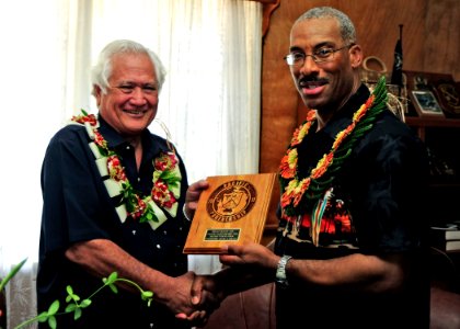 US Navy 110415-F-HS649-307 Capt. Jesse A. Wilson, right, mission commander of Pacific Partnership 2011, presents a plaque to Lord Sevele Vailahi, A