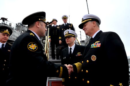 US Navy 110415-N-ZB612-170 Chief of Naval Operations (CNO) Adm. Gary Roughead is welcomed aboard the Russian Federation Navy nuclear-powered cruise