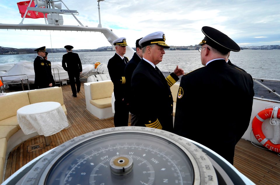 US Navy 110415-N-ZB612-095 Chief of Naval Operations (CNO) Adm. Gary Roughead speaks with Vice Adm. Andrey Olgertovich Volozhinsky