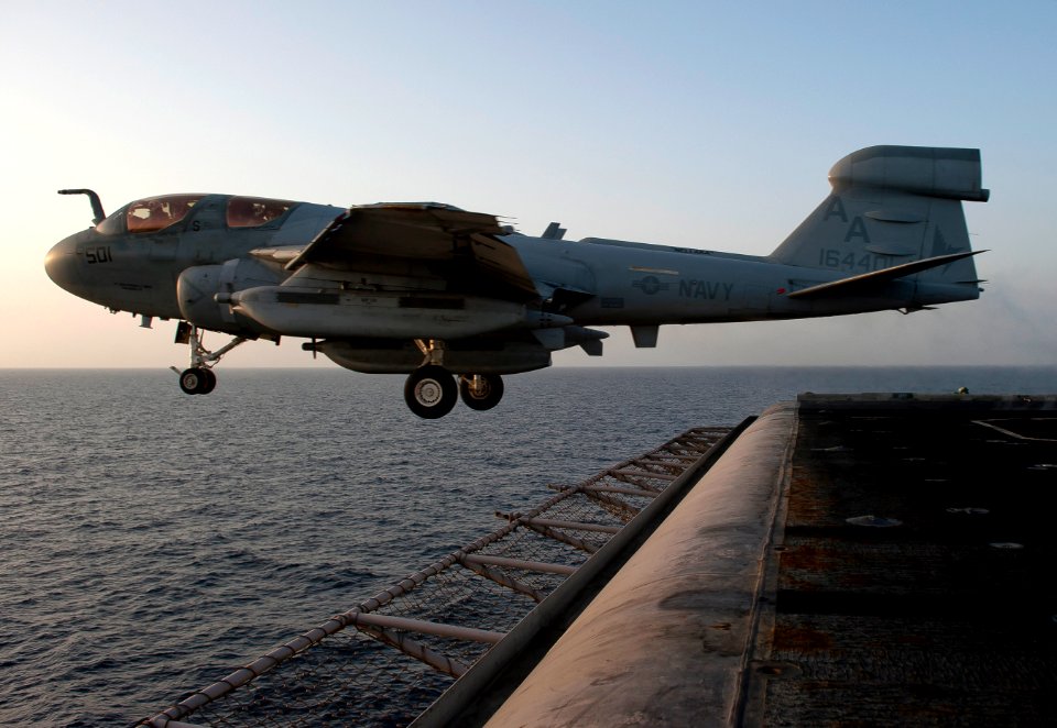 US Navy 110418-N-DR144-412 An EA-6B Prowler assigned to Electronic Attack Squadron (VAQ) 134 launches from the Nimitz-class aircraft carrier USS C
