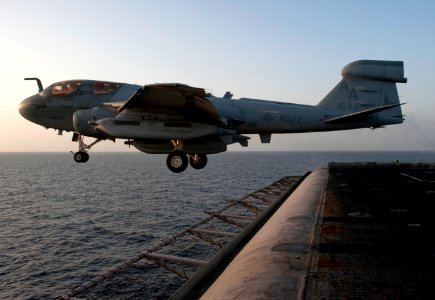 US Navy 110418-N-DR144-412 An EA-6B Prowler assigned to Electronic Attack Squadron (VAQ) 134 launches from the Nimitz-class aircraft carrier USS C