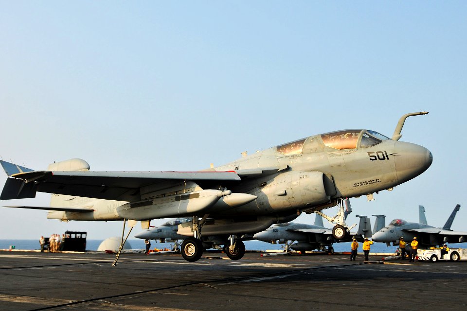 US Navy 110415-N-1004S-477 An EA-6B Prowler lands aboard USS Ronald Reagan (CVN 76)