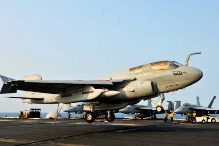 US Navy 110415-N-1004S-477 An EA-6B Prowler lands aboard USS Ronald Reagan (CVN 76)