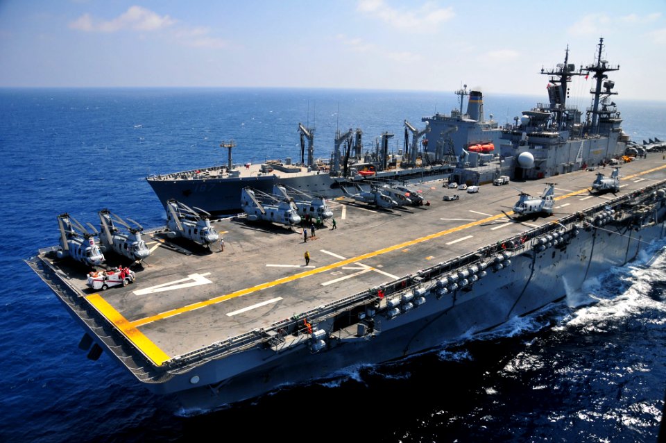 US Navy 110417-N-ZS026-040 he amphibious assault ship USS Boxer (LHD 4) conducts a replenishment at sea with the Military Sealift Command fleet rep