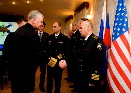 US Navy 110414-N-ZB612-045 Chief of Naval Operations (CNO) Adm. Gary Roughead is greeted by senior officers of the Russian Federation Navy