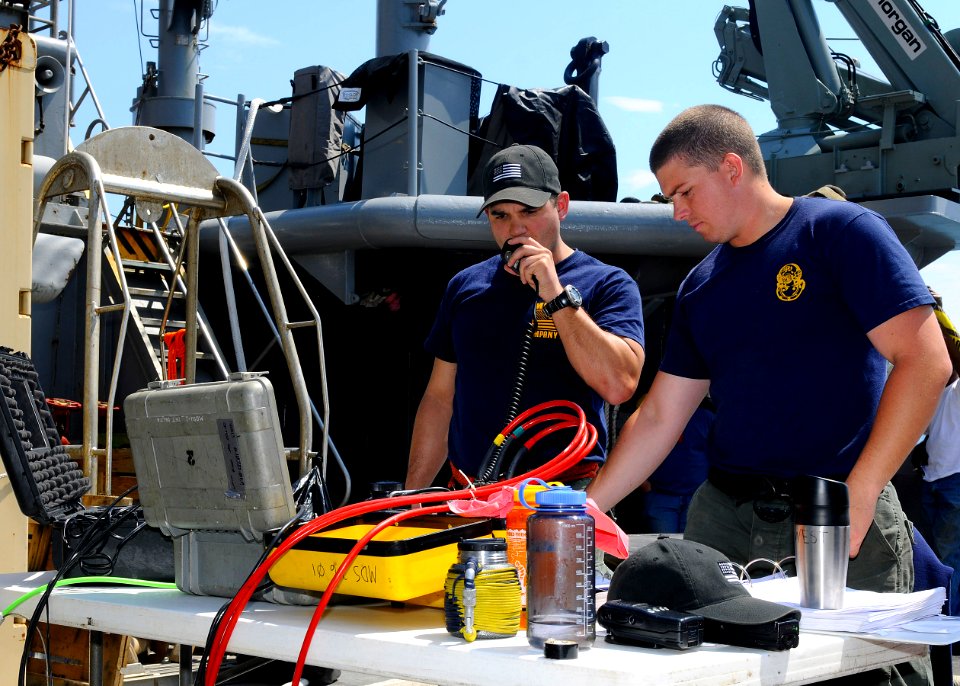 US Navy 110420-N-3154P-117 Chief Navy Diver Jason Gray, left, and Navy Diver 2nd Class Zachary West, both assigned to Mobile Diving and Salvage Uni