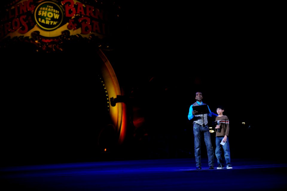 US Navy 110419-N-MG658-537 Navy Child of Year Anthony Albright, son of wounded warrior Hospital Corpsman 2nd Class Stephan Albright, is guest ringm