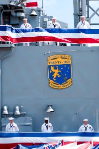 US Navy 110421-N-BT887-078 Sailors stand at parade rest during the decommissioning ceremony of the guided-missile frigate USS Jarrett (FFG 33)
