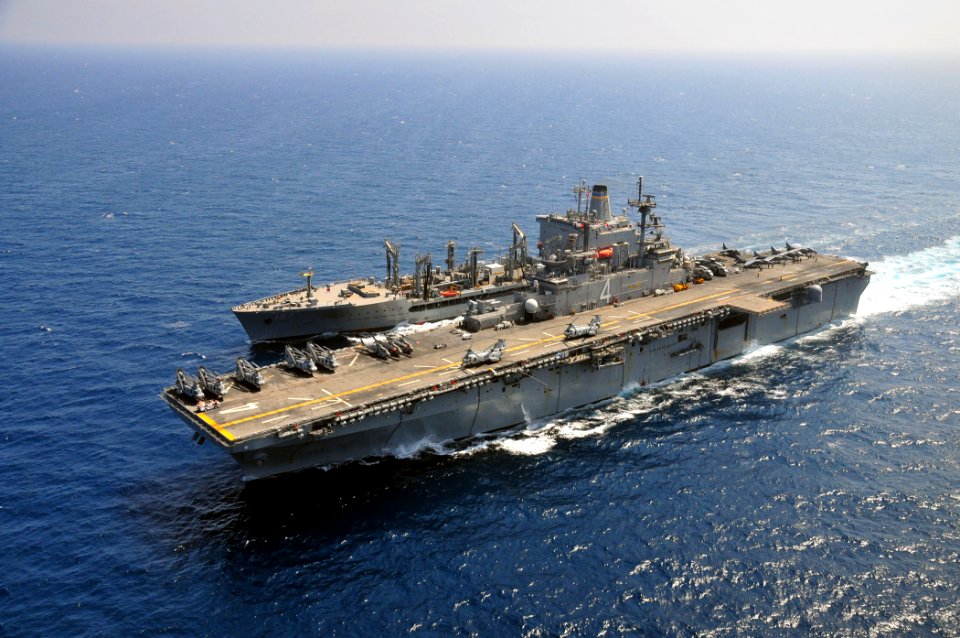 US Navy 110417-N-ZS026-353 The amphibious assault ship USS Boxer (LHD 4) conducts a replenishment at sea with the Military Sealift Command fleet re