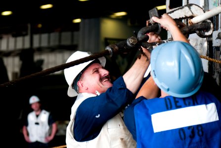 US Navy 110421-N-6505H-216 Senior Chief Boatswain's Mate Thomas Hengel, leading chief petty officer deck department of the Nimitz-class aircraft ca
