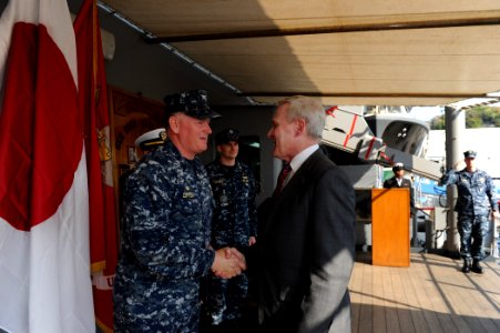 US Navy 110420-N-4031K-026 Secretary of the Navy (SECNAV) the Honorable Ray Mabus speaks with Capt. Rudy Lupton, commanding officer of the U.S. 7th