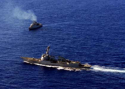 US Navy 110423-N-ZI300-122 The guided-missile destroyer USS Nitze (DDG 94) passes the Brazilian navy frigate Niteroi (F 40) during the Atlantic pha