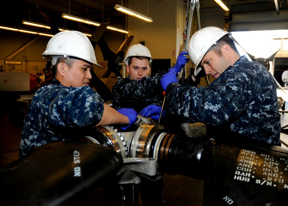US Navy 110419-N-ZK021-001 Sailors assigned to the propeller shop at Fleet Readiness Center Northwest at Naval Air Station Whidbey Island