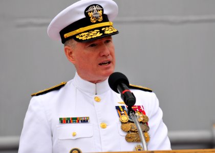 US Navy 110421-N-DX615-001 Adm. Patrick Walsh, commander of U.S. Pacific Fleet, delivers remarks during the U.S. 3rd Fleet change of command ceremo