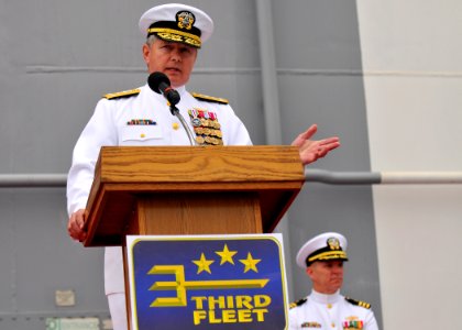 US Navy 110421-N-DX615-009 Vice Adm. Gerald R. Beaman delivers remarks after taking command during the U.S. 3rd Fleet change of command ceremony photo