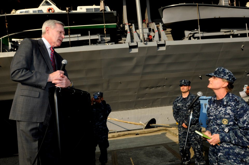 US Navy 110420-N-9094S-116 Secretary of the Navy (SECNAV) Ray Mabus answers a question from Personnel Specialist 2nd Class Nicolette Lockwood durin