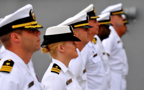 US Navy 110421-N-DX615-006 Officers stand in ranks during the U.S. 3rd Fleet change of command ceremony aboard the amphibious assault ship USS Maki