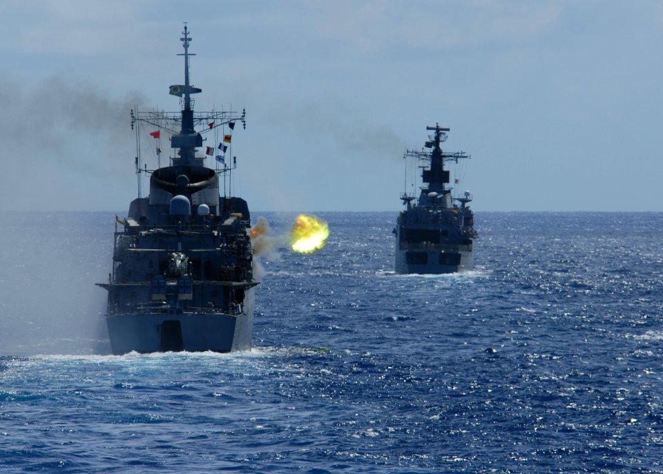 US Navy 110422-N-ZI300-115 The Brazilian navy frigate Bosisio (F 48) fires at an unmanned aerial vehicle during a drone exercise (DRONEX) with ship