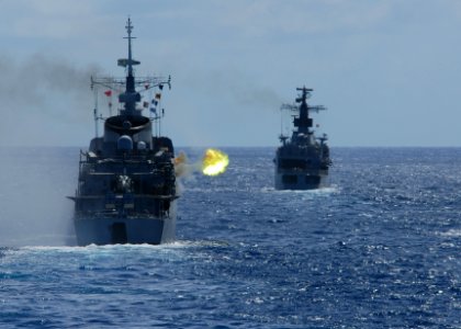 US Navy 110422-N-ZI300-115 The Brazilian navy frigate Bosisio (F 48) fires at an unmanned aerial vehicle during a drone exercise (DRONEX) with ship