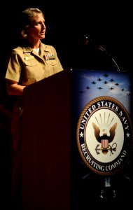 US Navy 110421-N-MF909-399 Rear Adm. Robin L. Graf, commander of Navy Recruiting Command, delivers remarks after relieving Rear Adm. Craig S. Falle