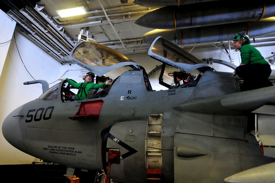 US Navy 110426-N-1004S-048 Sailors conduct maintenance on an EA-6B Prowler