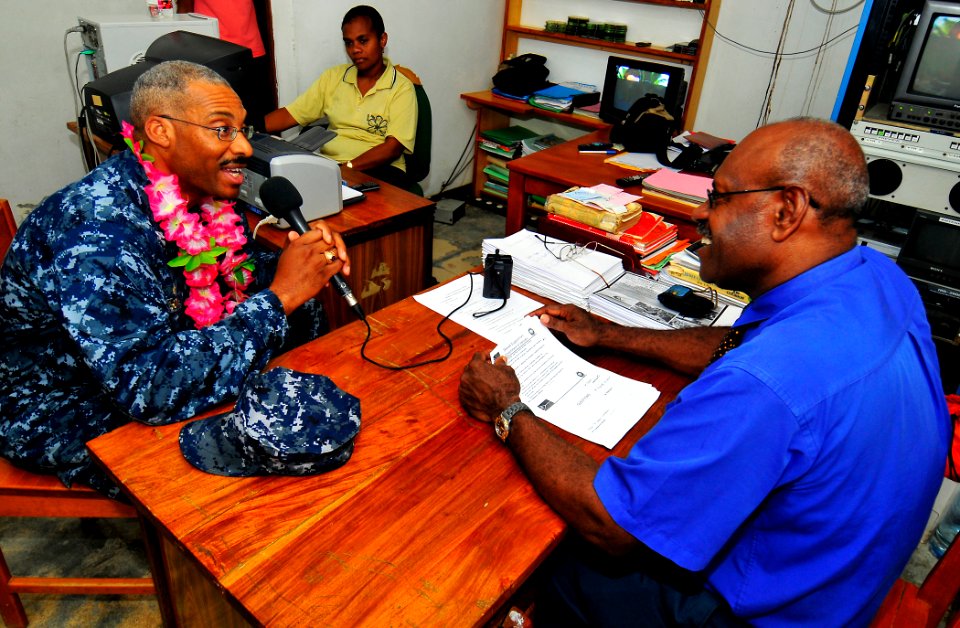 US Navy 110427-N-KB563-065 Capt. Jesse A. Wilson talks about the Pacific Partnership mission with Secretary General of Sanma Province Joel Path
