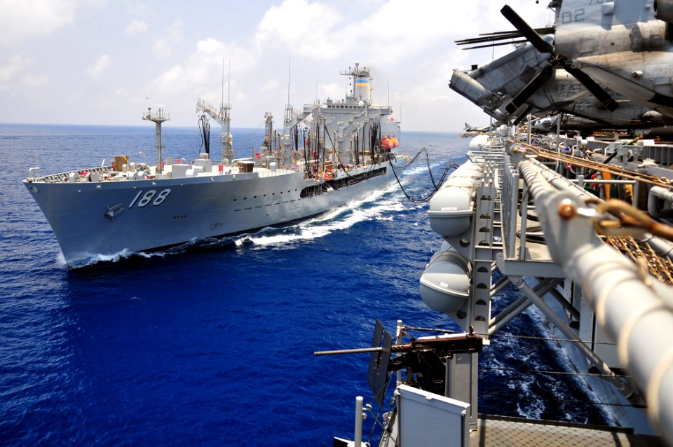 US Navy 110427-N-ZS026-101 The Military Sealift Command fleet replenishment oiler USNS Joshua Humphreys (T-AO 188), left, refuels the amphibious as