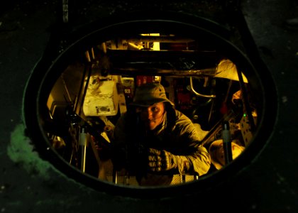 US Navy 110424-N-NL541-648 Chief Fire Controlman William Burandt, a member of the visit, board, search and seizure team assigned to the guided-miss