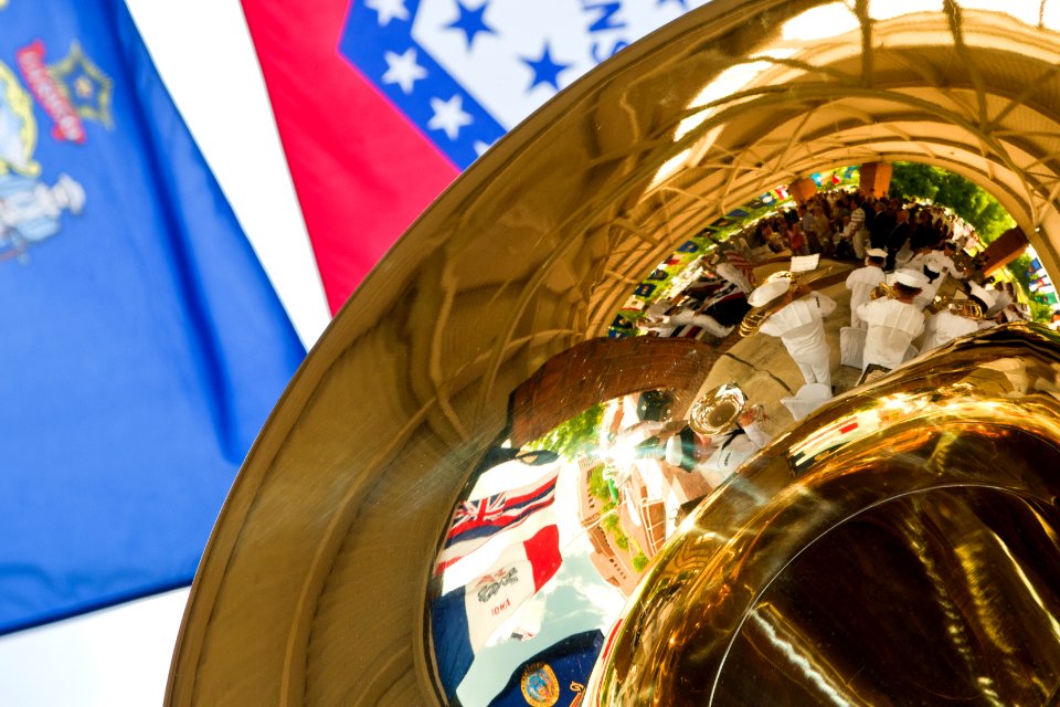 US Navy 110505-N-FG395-095 A reflection in a sousaphone shows the U.S. Navy Band Southeast performing during the Ohio-class guided-missile submari