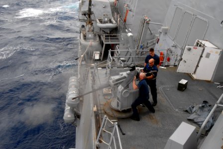 US Navy 110503-N-ZI300-097 Sailors aboard the guided-missile destroyer USS Nitze (DDG 94) fire a Mark 38 25mm machine gun during the Atlantic phase