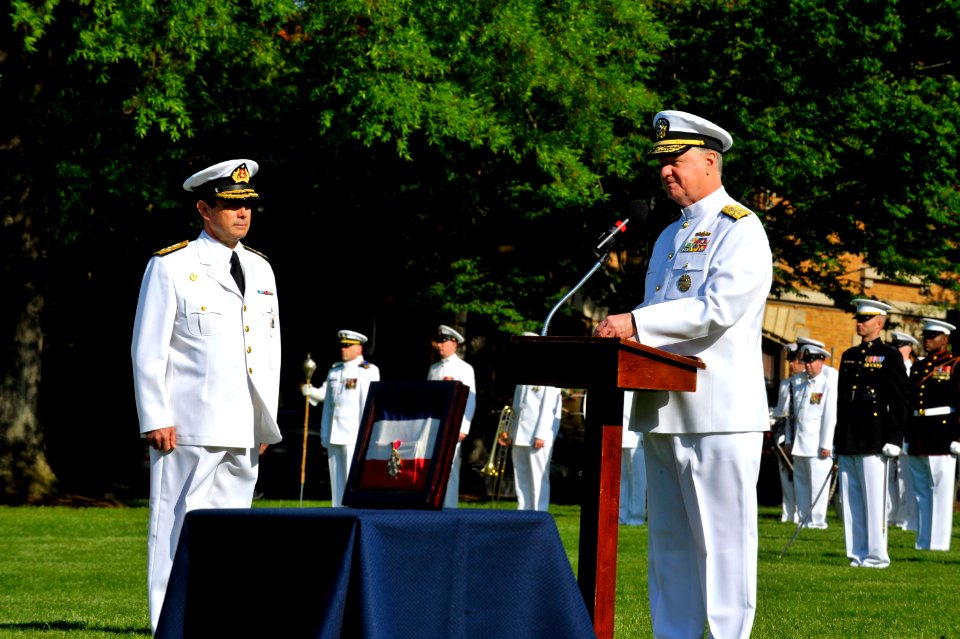 US Navy 110426-N-ZB612-082 Chief of Naval Operations (CNO) Adm. Gary Roughead welcomes Adm. Edmundo Gonzalez Robles, Commander in Chief of the Chil