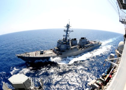 US Navy 110508-N-SG869-098 USS Preble (DDG 88) transits the Indian Ocean before conducting a refueling at sea operation with USS Ronald Reagan (CVN