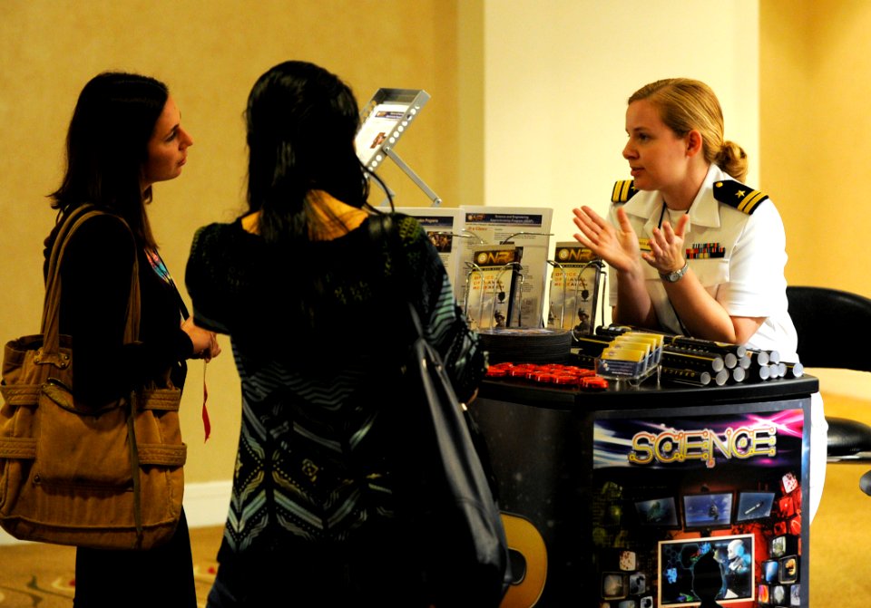 US Navy 110428-N-PO203-047 Lt. Krista Moses speaks to students during the second day of the 49th National Junior Science and Humanities Symposium