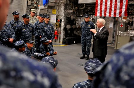 US Navy 110506-N-YR391-005 Secretary of Defense Robert M. Gates delivers remarks during an all-hands call aboard USS Independence (LCS 2)