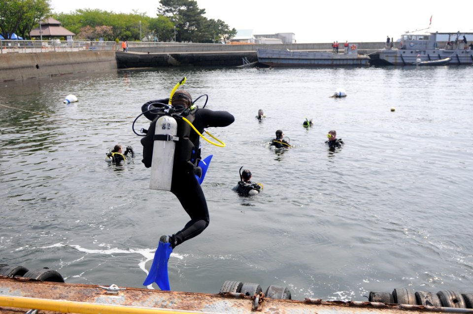 US Navy 110430-N-MU720-038 Lt. Col. Oliver Washington, a chaplain assigned to U.S. Army Japan, jumps into Green Bay Marina during a sea and land Ea